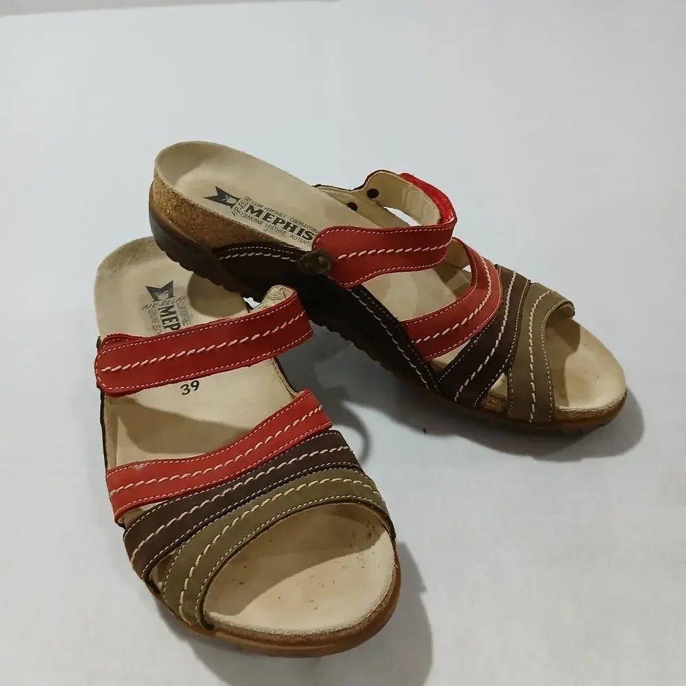 Mephisto Sandals Womens US 8 EU 39 Brown Red Leather Cork Footbed Comfort Shoes